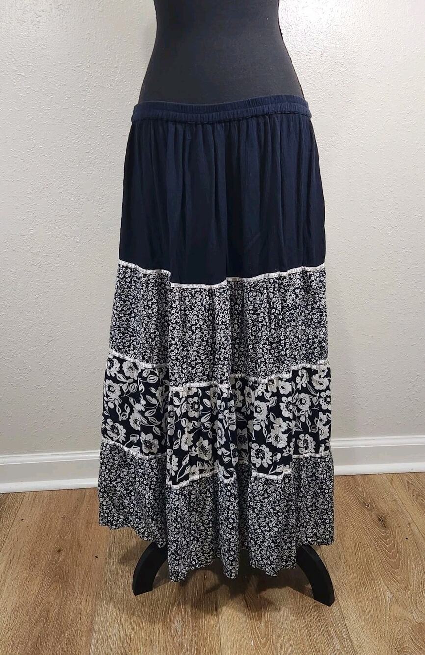 Vintage Tiered Maxi Skirt XXL Black White 100% Viscose Boho Country Cowgirl